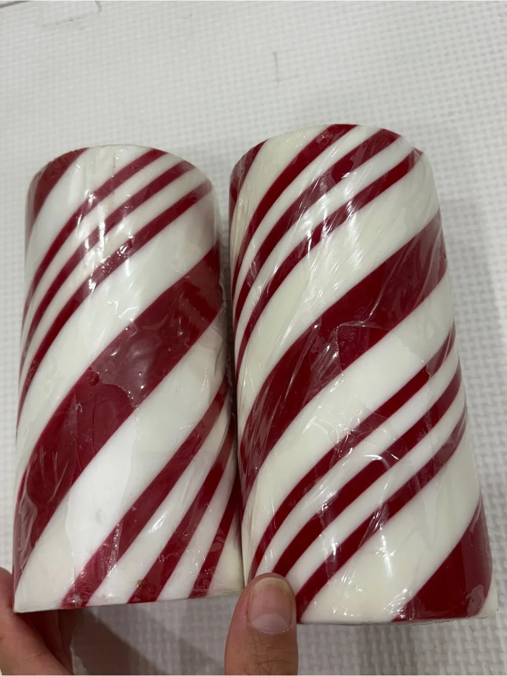 Crate&Barrel Red and White Stripe Pillar Candles